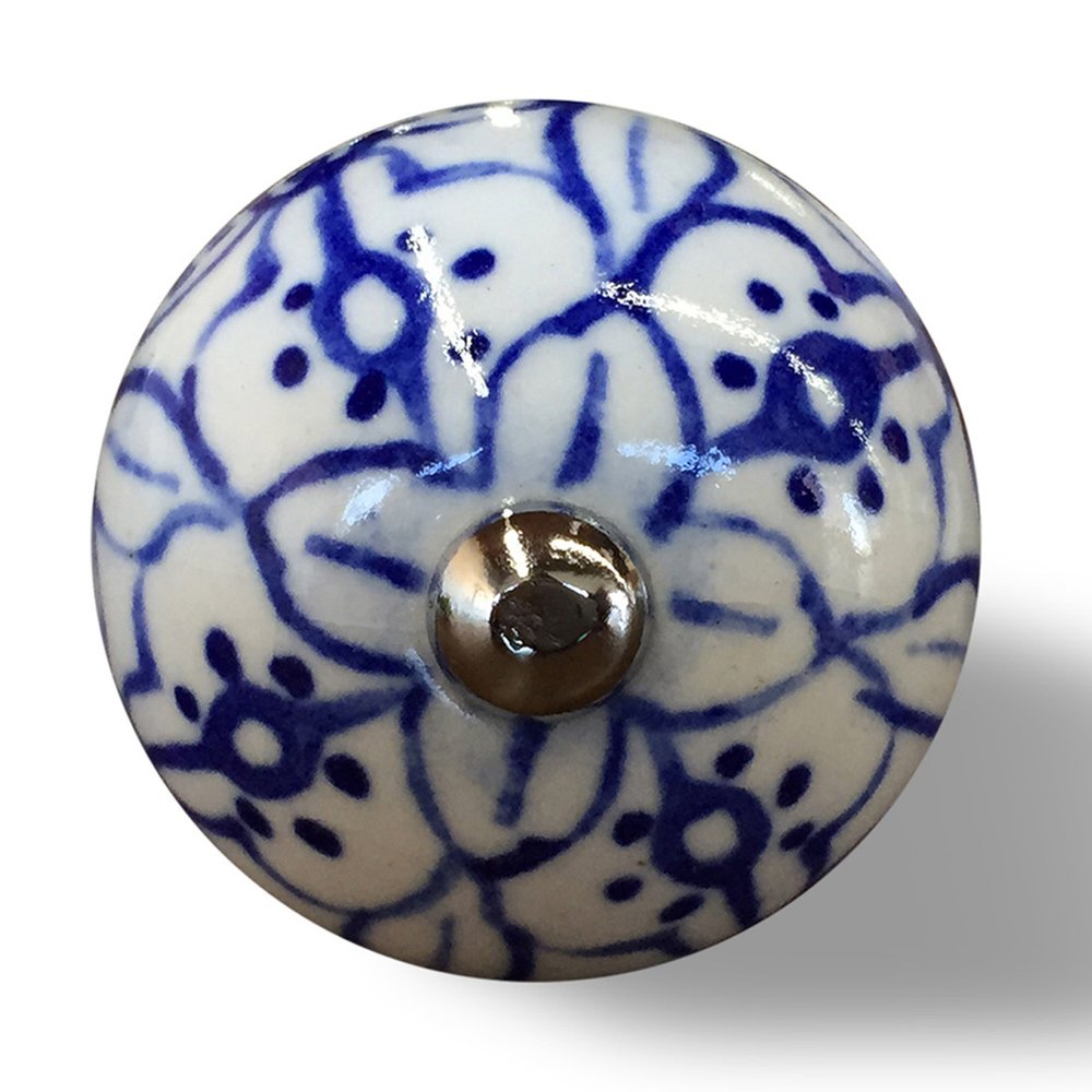 Set of Eight Blue And White Ceramic And Metal Drawer Pull Knobs on a white background