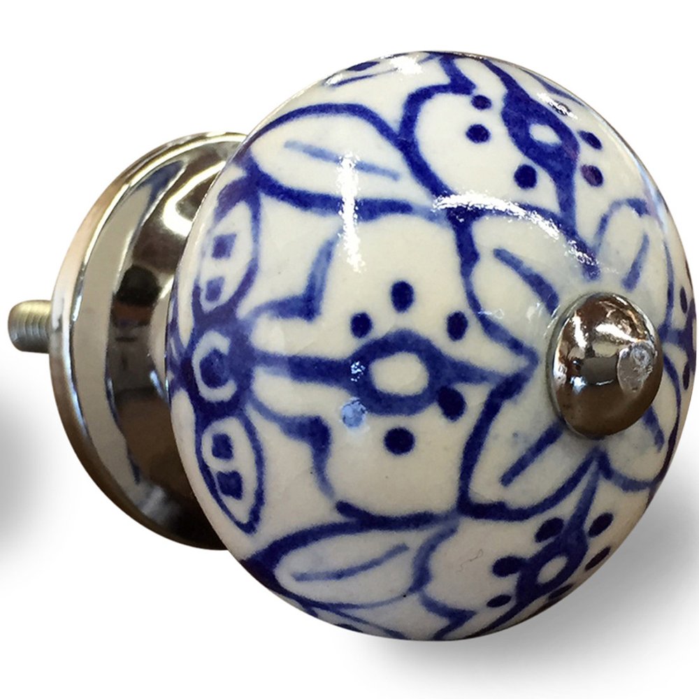Set of Eight Blue And White Ceramic And Metal Drawer Pull Knobs on a white background