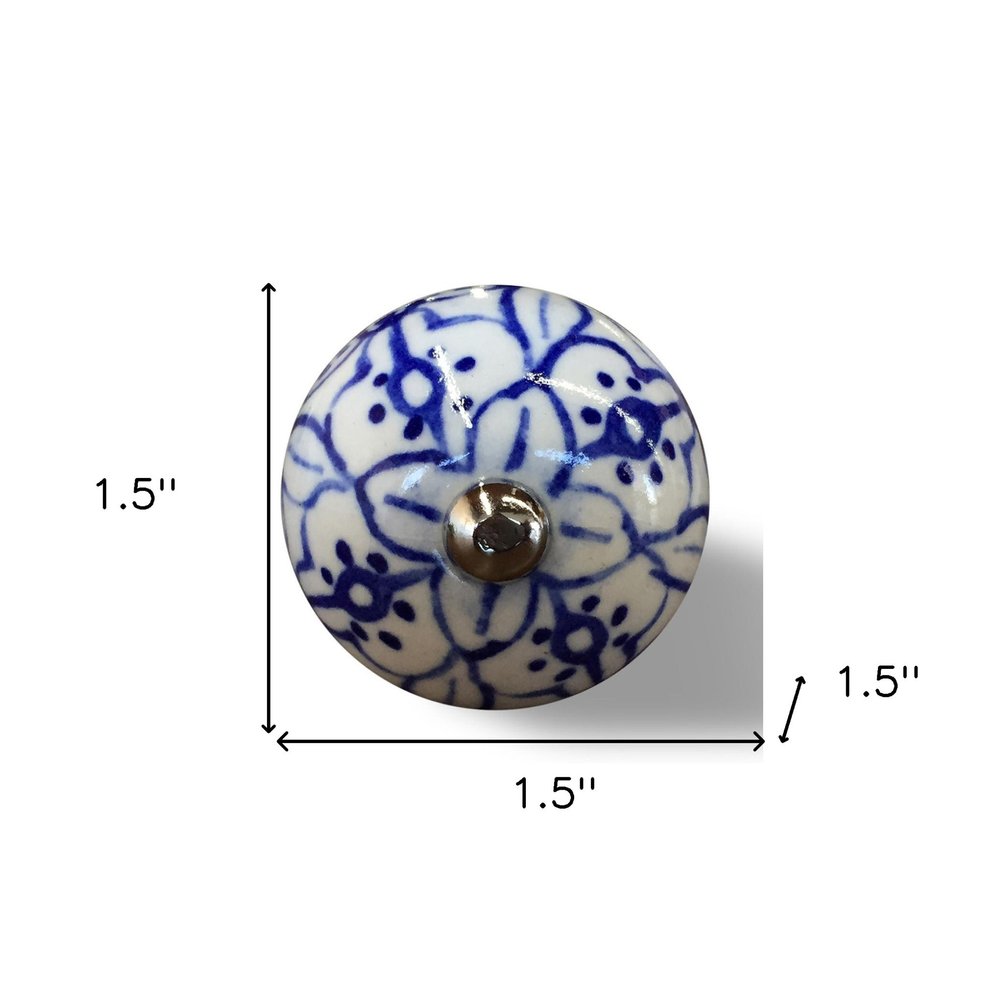 Set of Eight Blue And White Ceramic And Metal Drawer Pull Knobs on a white background