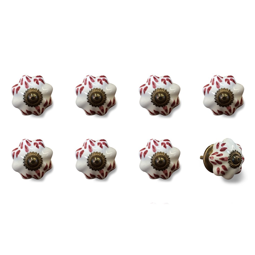 Set of Eight Brown And White Ceramic And Metal Drawer Pull Knobs on a white background