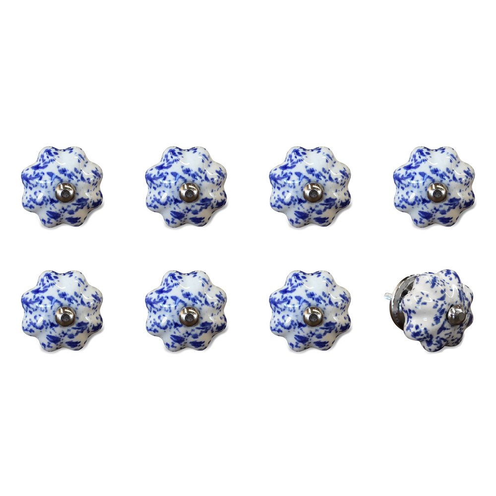 Set of Eight Blue And White Ceramic And Metal Drawer Pull Knobs