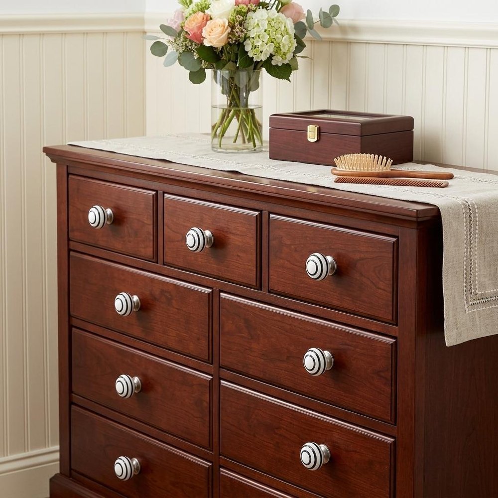 Set of Eight Black And White Ceramic And Metal Drawer Pull Knobs