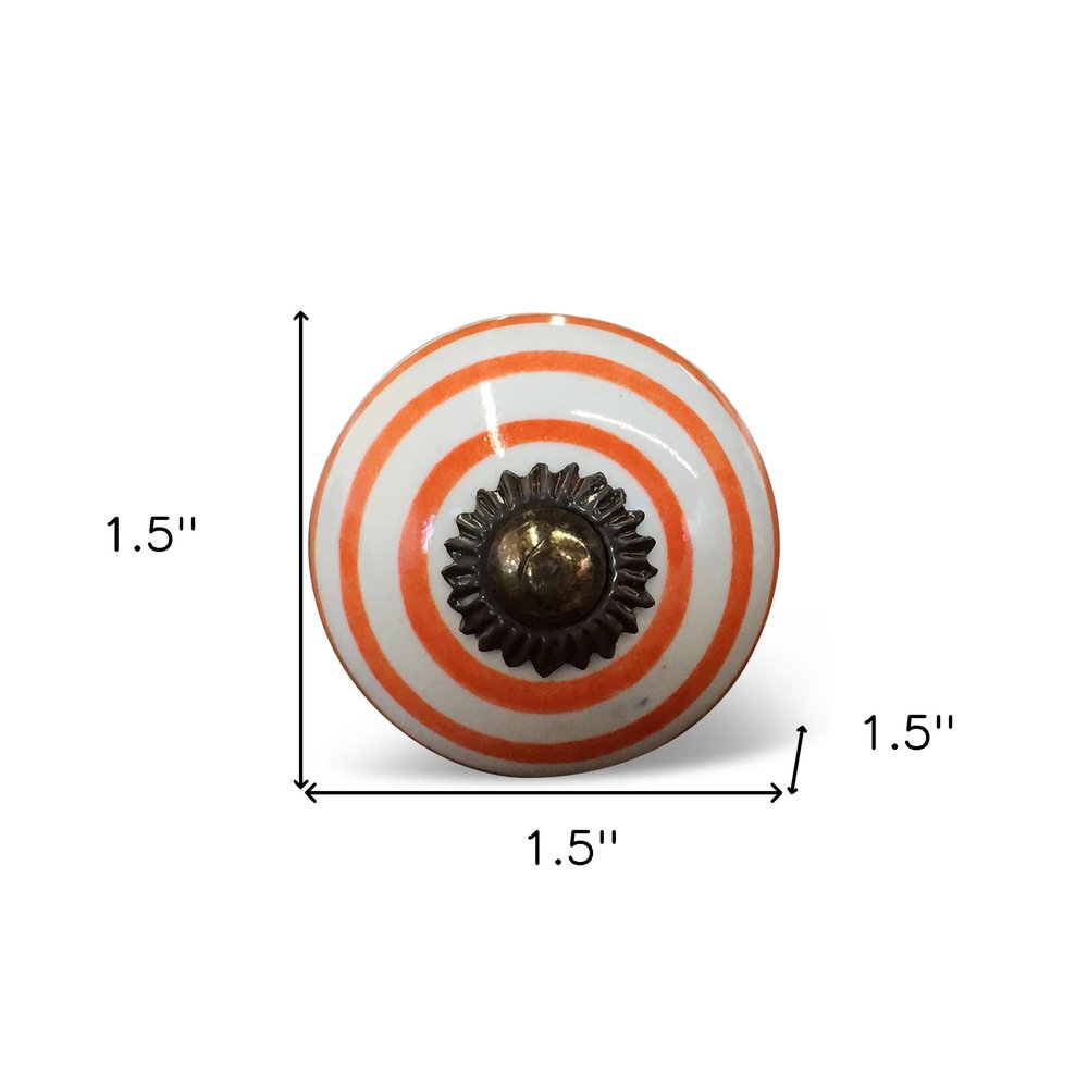 Set of Eight Orange And White Ceramic And Metal Drawer Pull Knobs