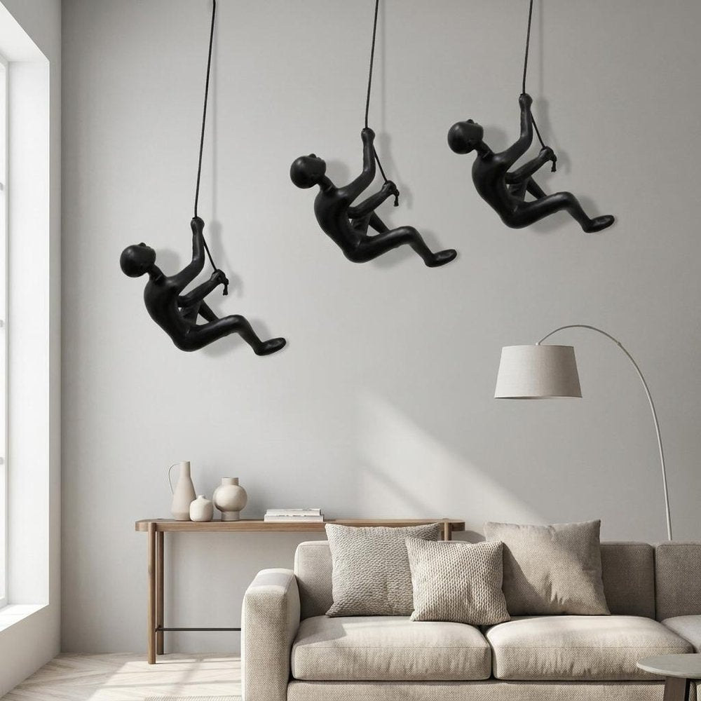 Set of Two Gold Resin Climbing Man Hanging Dimensional Sculpture