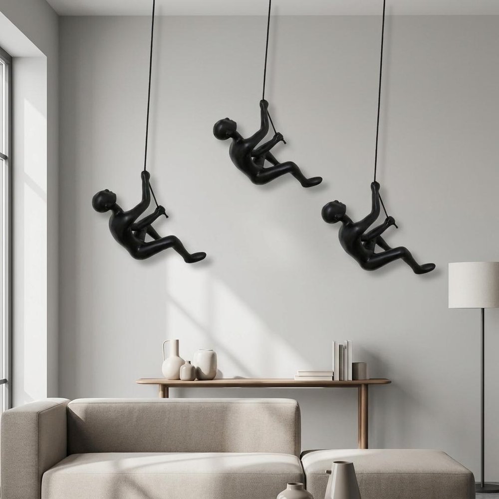 Set of Two Silver Resin Climbing Man Hanging Dimensional Sculpture