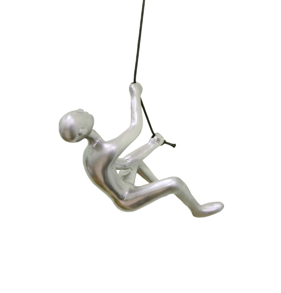 Set of Two Silver Resin Climbing Man Hanging Dimensional Sculpture on a white background