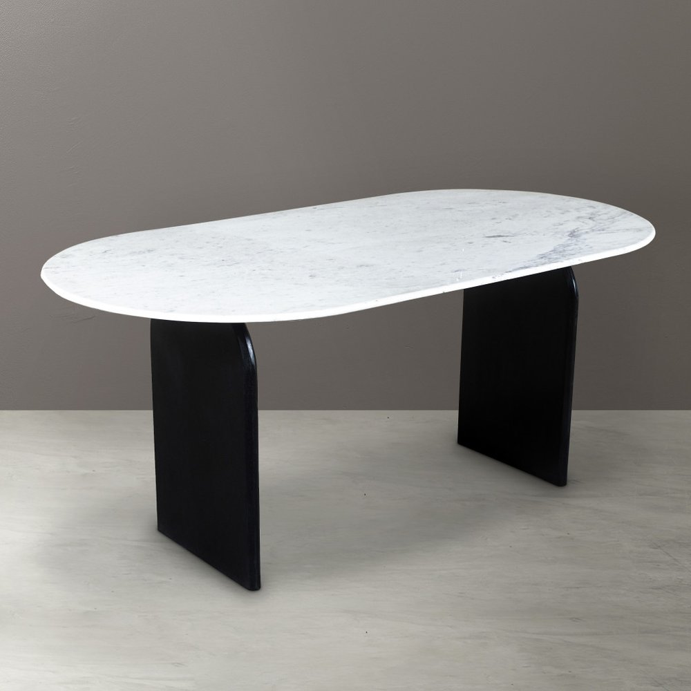 72" White and Black Marble And Solid Wood Sled Base Oval Dining Table close-up detail