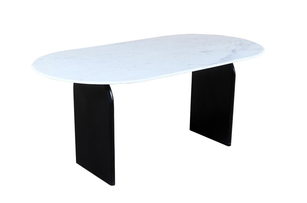 72" White and Black Marble And Solid Wood Sled Base Oval Dining Table on a white background