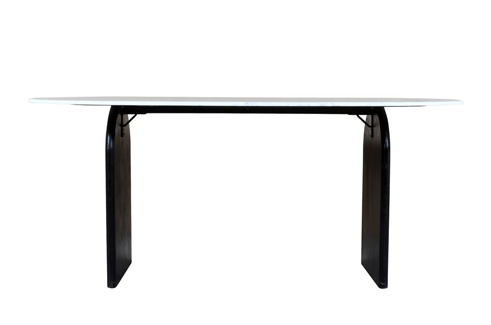 72" White and Black Marble And Solid Wood Sled Base Oval Dining Table on a white background