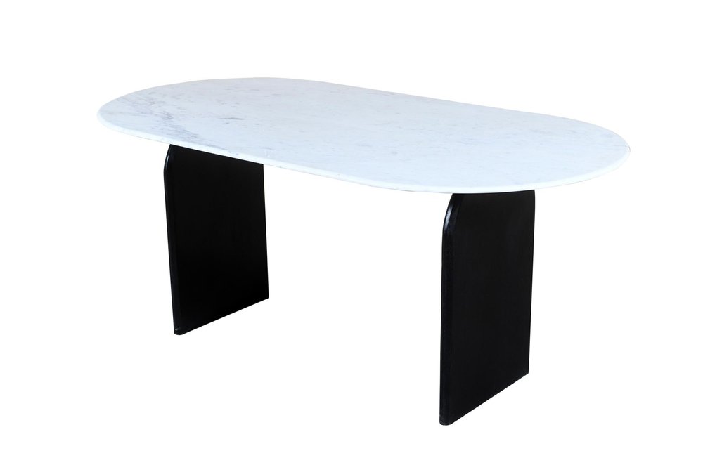 72" White and Black Marble And Solid Wood Sled Base Oval Dining Table on a white background