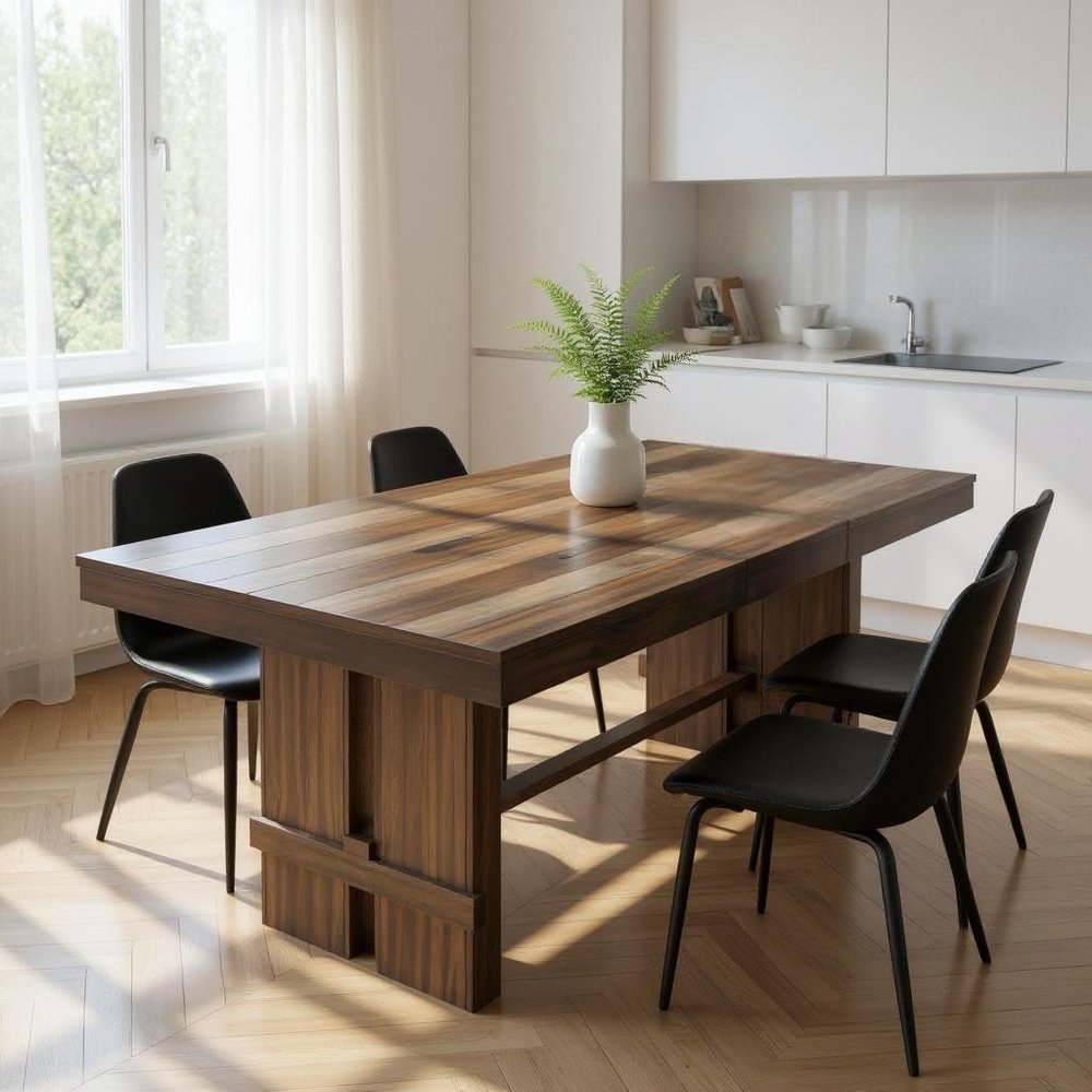 84" Dark Brown Wood Self-Storing Leaf Trestle Base Extension Dining Table in a home interior