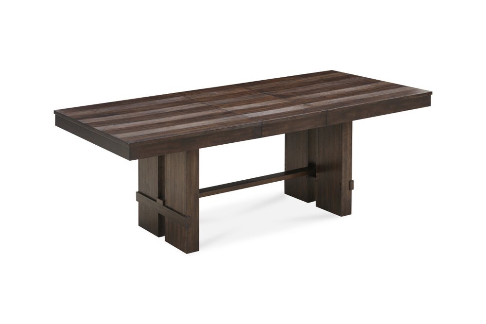 Dark brown wood dining table with a planked top and trestle base on a white background.