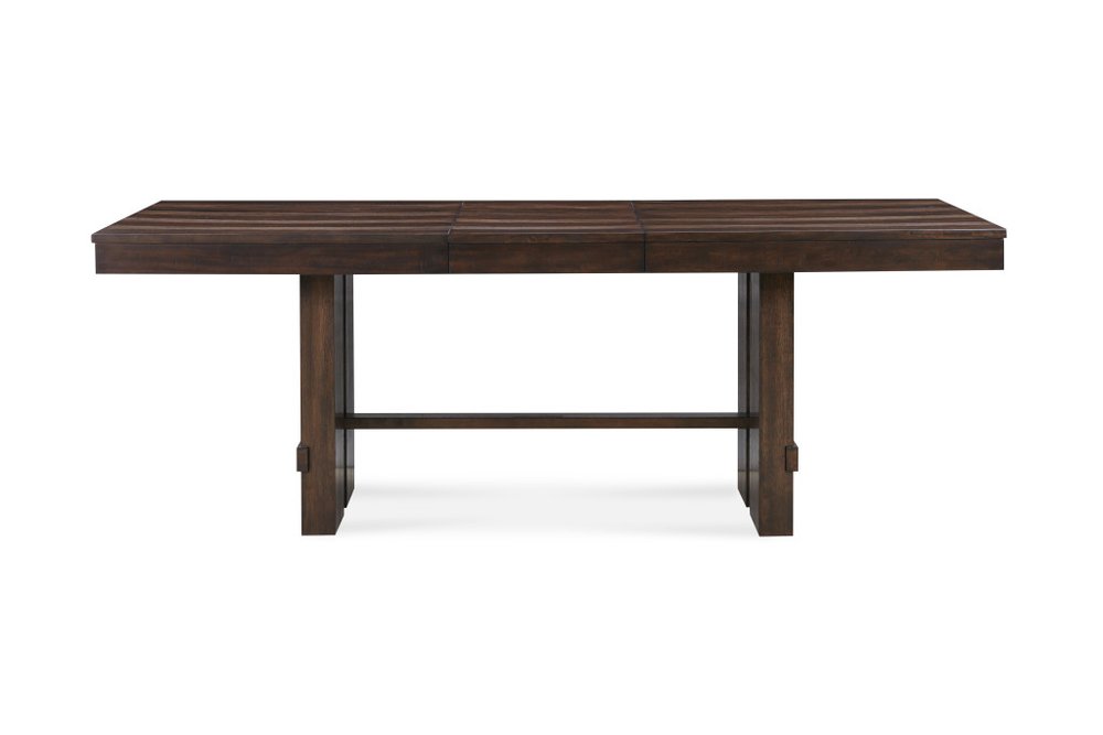 84" Dark Brown Wood Self-Storing Leaf Trestle Base Extension Dining Table on a white background