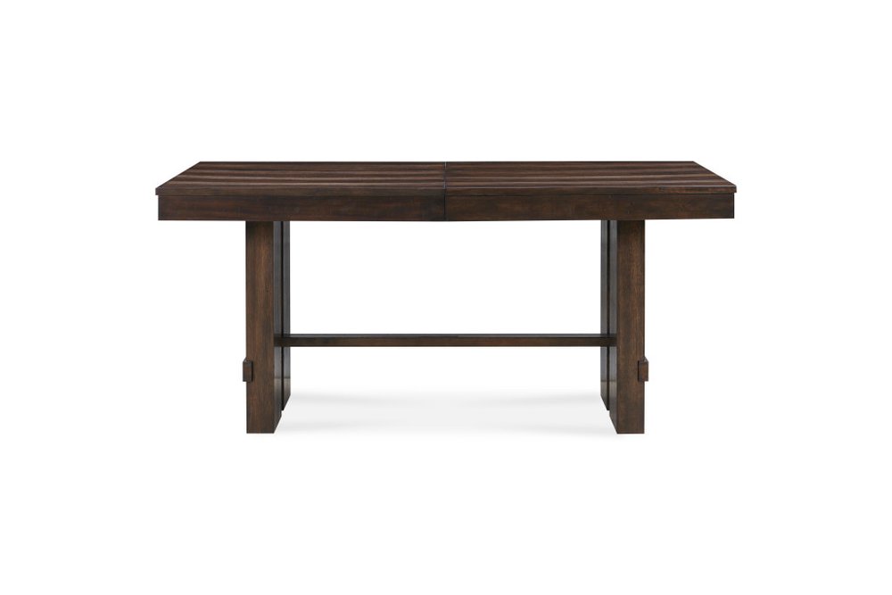 84" Dark Brown Wood Self-Storing Leaf Trestle Base Extension Dining Table on a white background