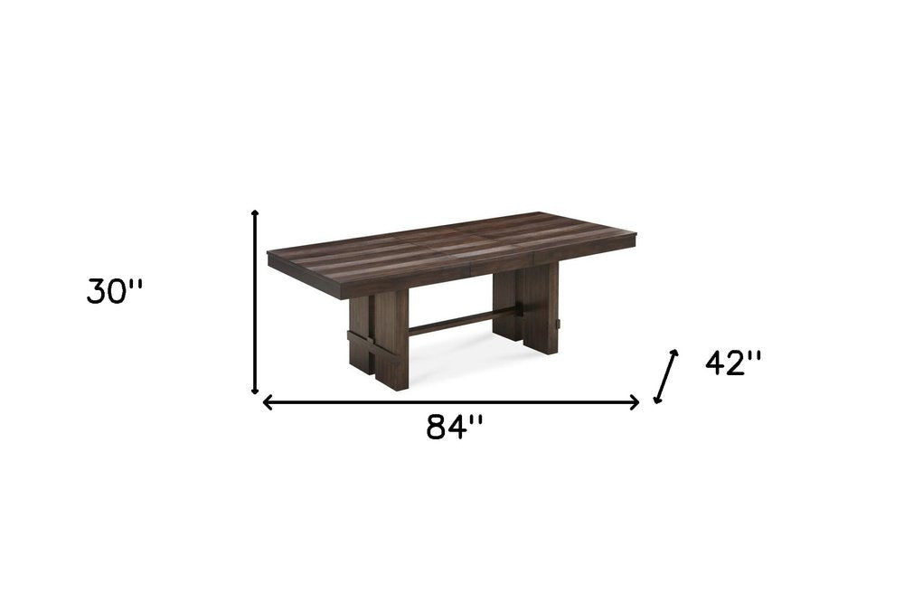 84" Dark Brown Wood Self-Storing Leaf Trestle Base Extension Dining Table on a white background