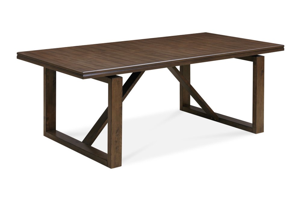 Dark brown wood dining table with a sled base and X-shaped supports, shown on a white background.