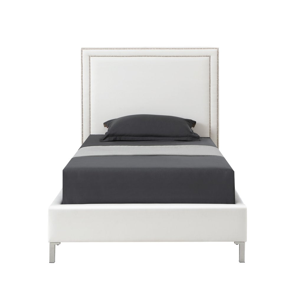 White Solid Wood Twin Upholstered Faux Leather Bed Frame with Nailhead Trim on a white background