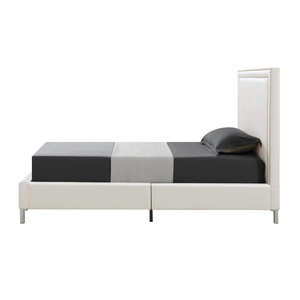 White Solid Wood Twin Upholstered Faux Leather Bed Frame with Nailhead Trim on a white background