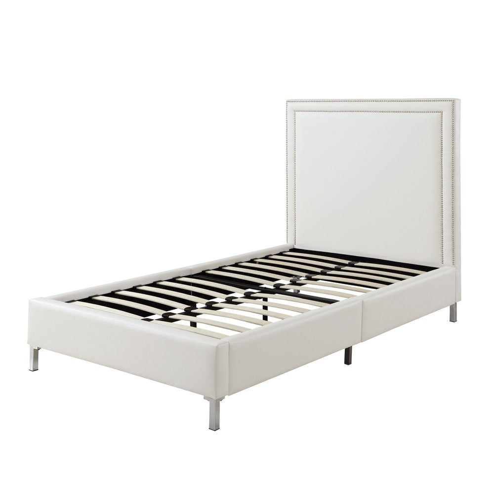 White Solid Wood Twin Upholstered Faux Leather Bed Frame with Nailhead Trim on a white background