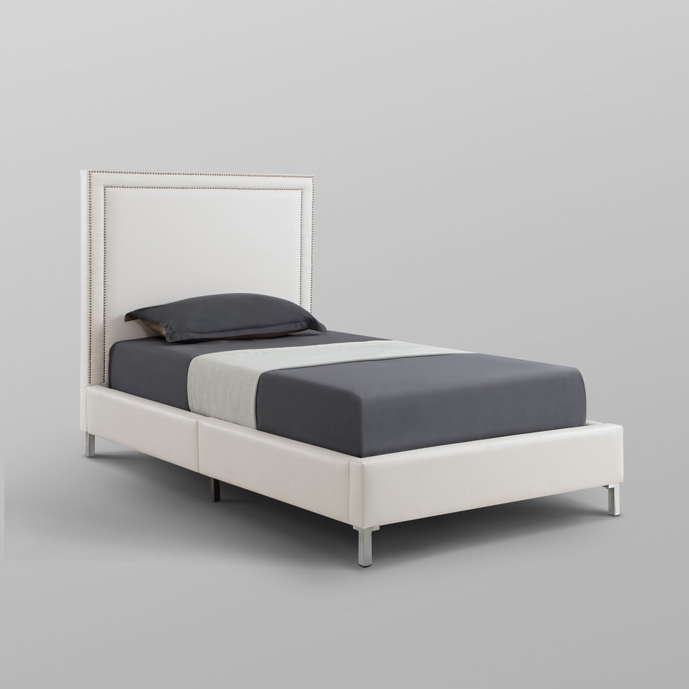 White Solid Wood Twin Upholstered Faux Leather Bed Frame with Nailhead Trim on a white background