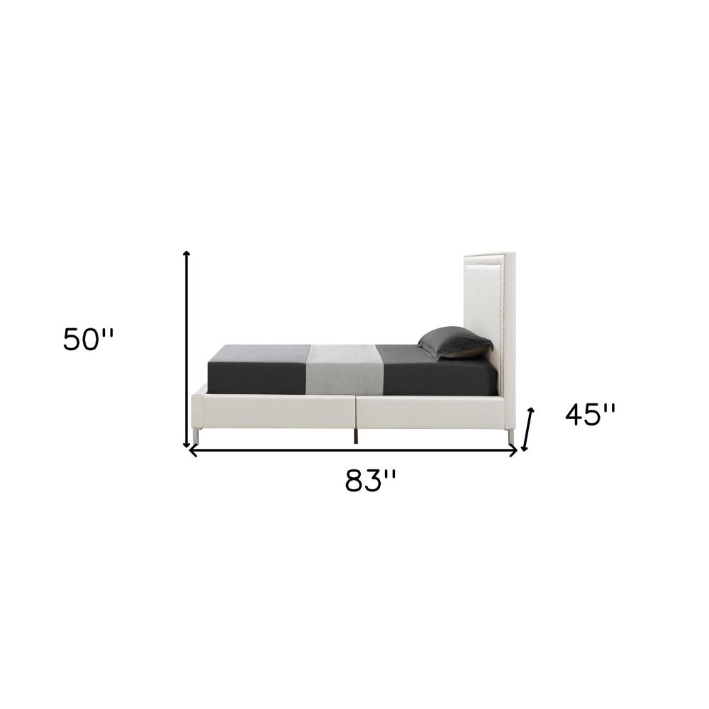 White Solid Wood Twin Upholstered Faux Leather Bed Frame with Nailhead Trim on a white background