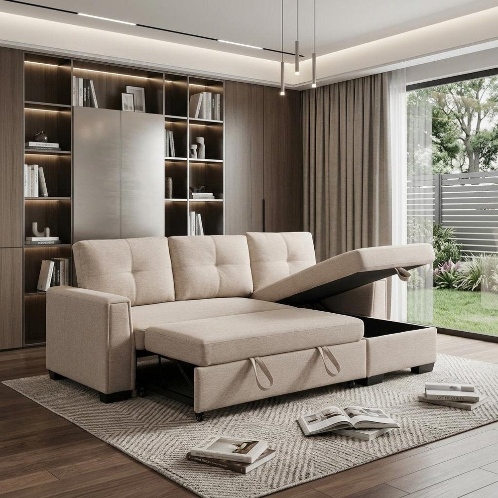 92" Beige Polyester Blend Convertible Futon Sleeper Sofa With Black Legs in a home interior