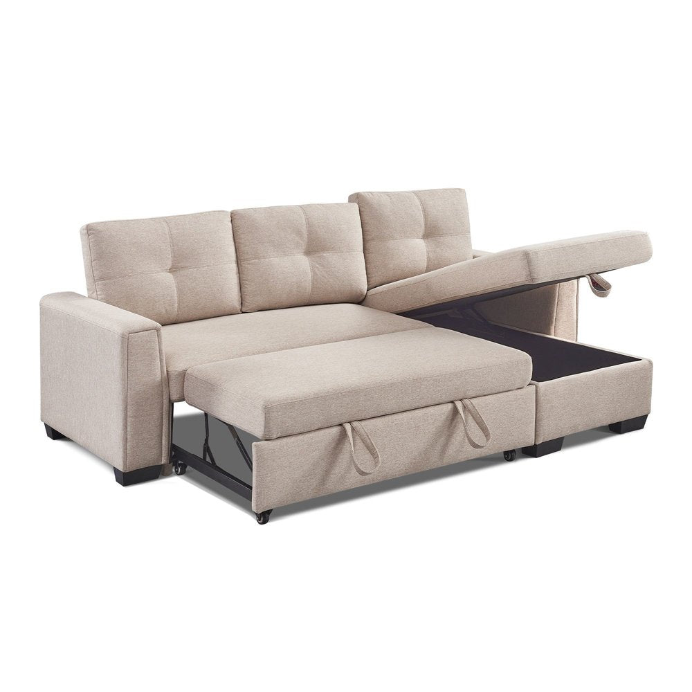 92" Beige Polyester Blend Convertible Futon Sleeper Sofa With Black Legs on a white background
