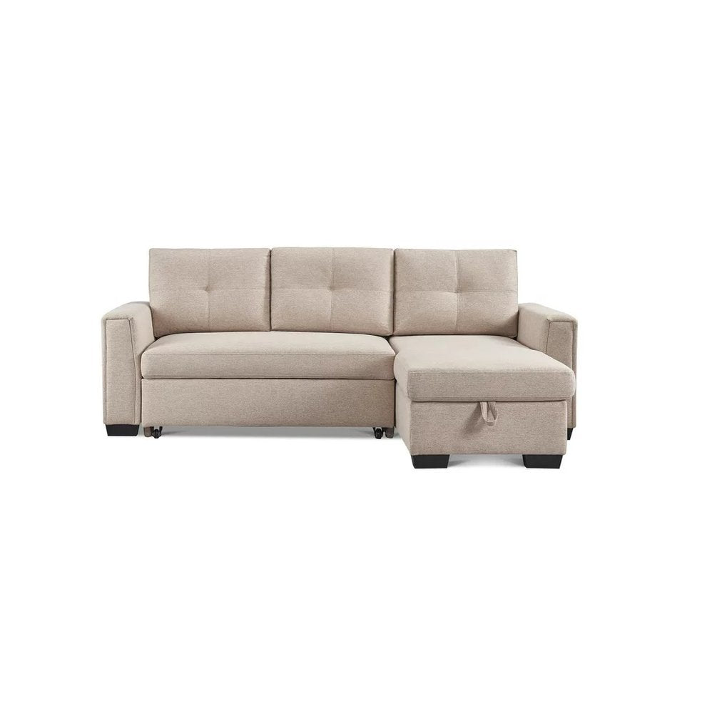92" Beige Polyester Blend Convertible Futon Sleeper Sofa With Black Legs on a white background