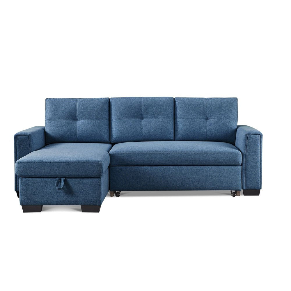92" Blue Polyester Blend Convertible Futon Sleeper Sofa With Black Legs on a white background