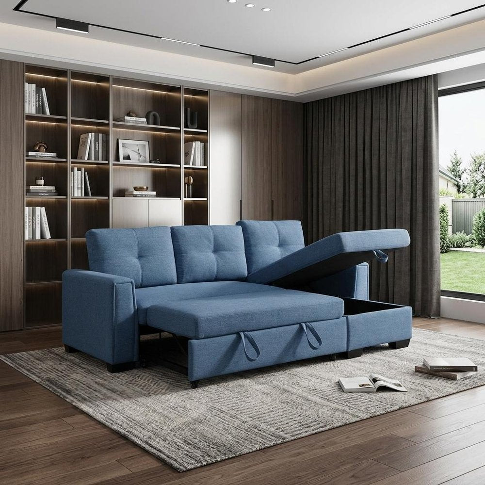 92" Blue Polyester Blend Convertible Futon Sleeper Sofa With Black Legs in a home interior