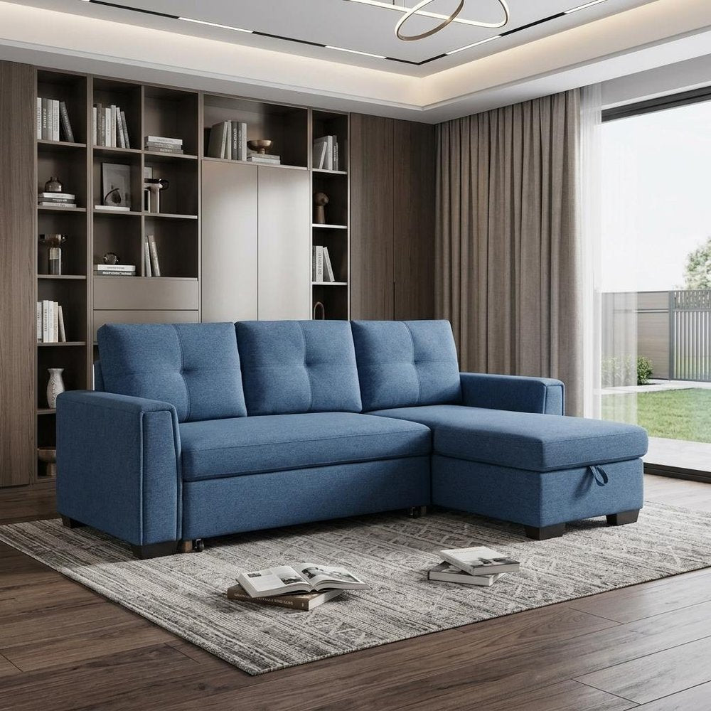 92" Blue Polyester Blend Convertible Futon Sleeper Sofa With Black Legs in a home interior