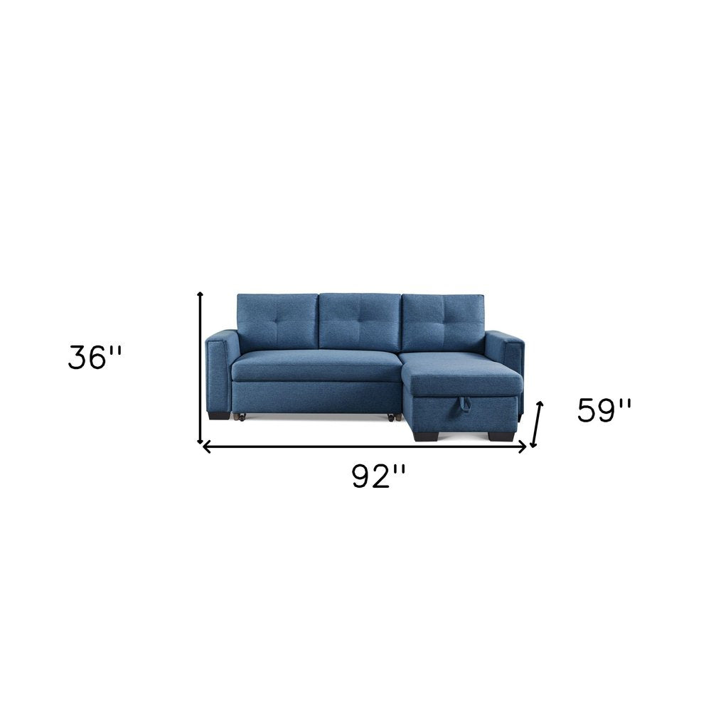 92" Blue Polyester Blend Convertible Futon Sleeper Sofa With Black Legs on a white background