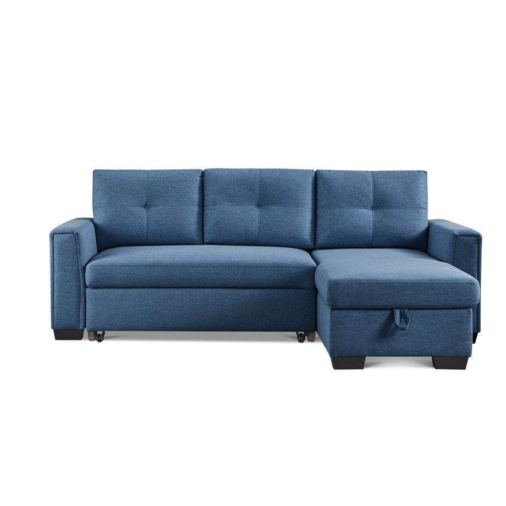92" Blue Polyester Blend Convertible Futon Sleeper Sofa With Black Legs on a white background