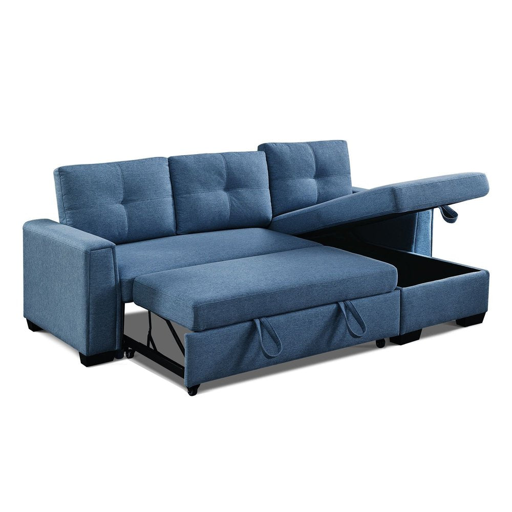 92" Blue Polyester Blend Convertible Futon Sleeper Sofa With Black Legs on a white background