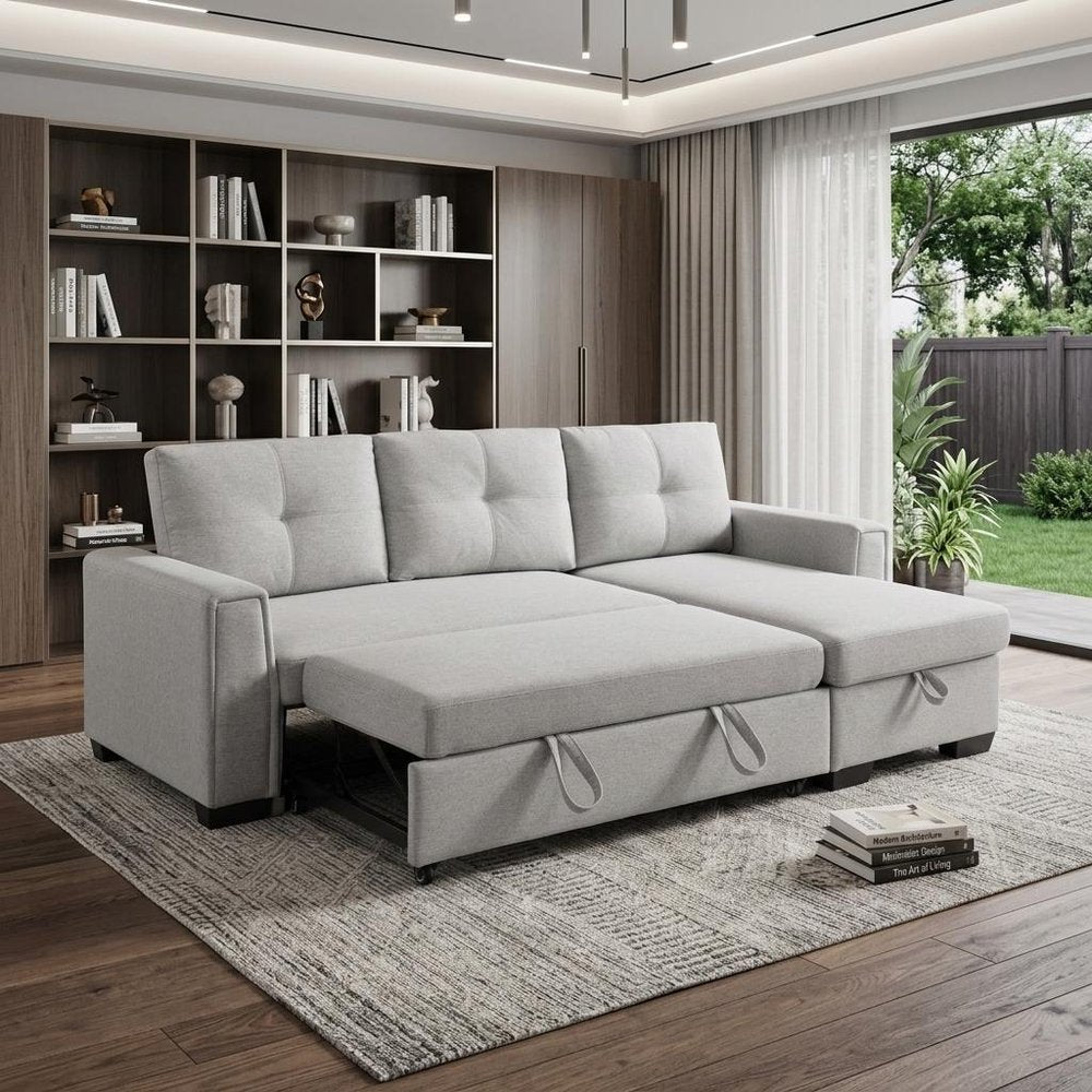 92" Light Gray Polyester Blend Convertible Futon Sleeper Sofa With Black Legs in a home interior