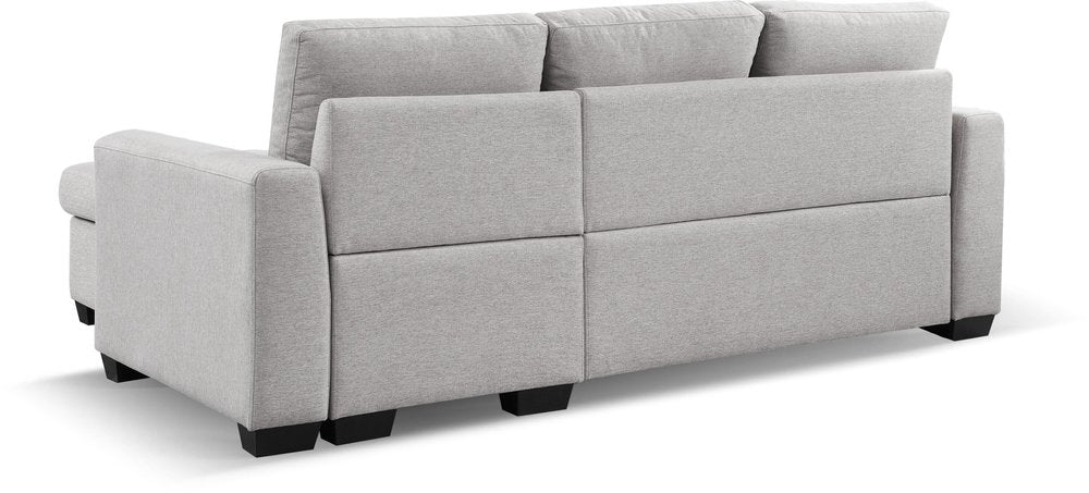 Rear view of a light gray polyester blend convertible futon sleeper sofa with black legs on a white background.
