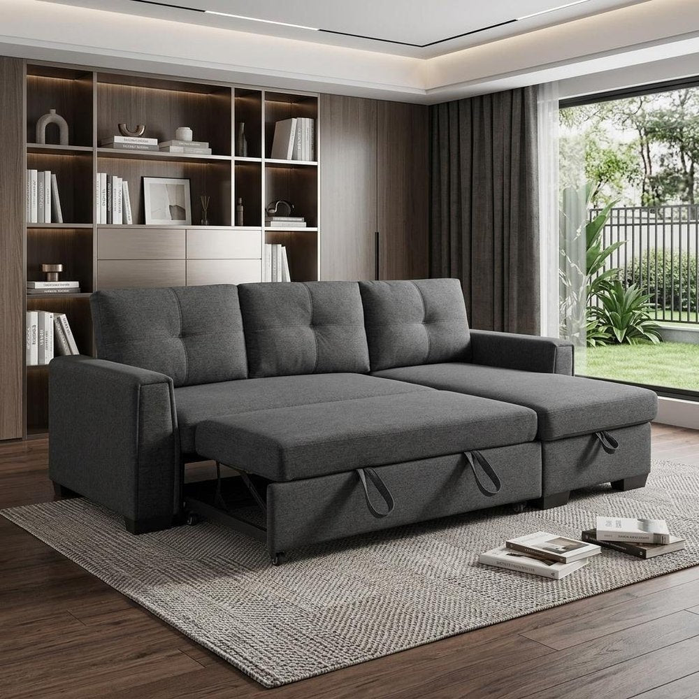 92" Dark Gray Polyester Blend Convertible Futon Sleeper Sofa With Black Legs in a home interior