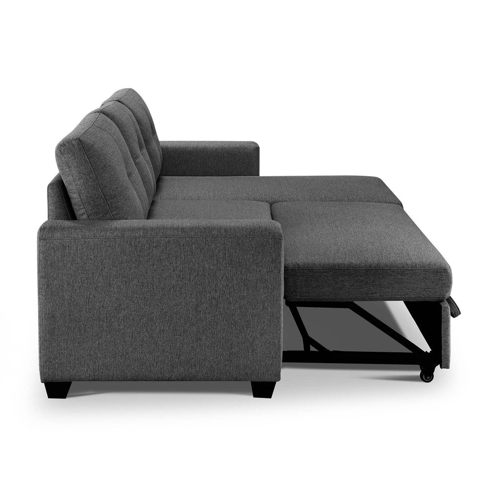 92" Dark Gray Polyester Blend Convertible Futon Sleeper Sofa With Black Legs on a white background