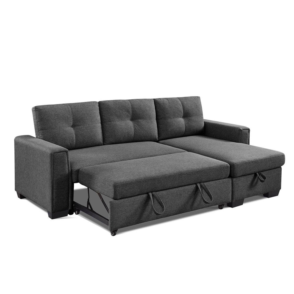 92" Dark Gray Polyester Blend Convertible Futon Sleeper Sofa With Black Legs on a white background