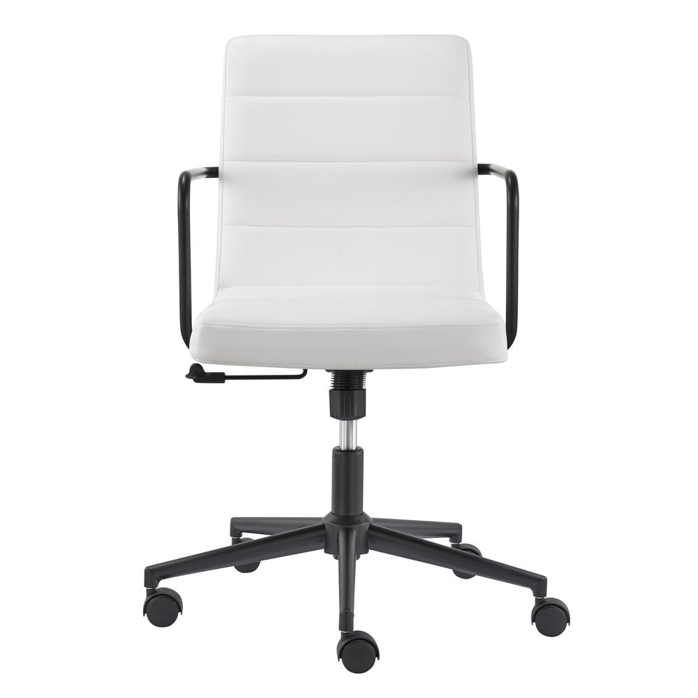 White faux leather office chair with black steel frame and base with casters on a white background.