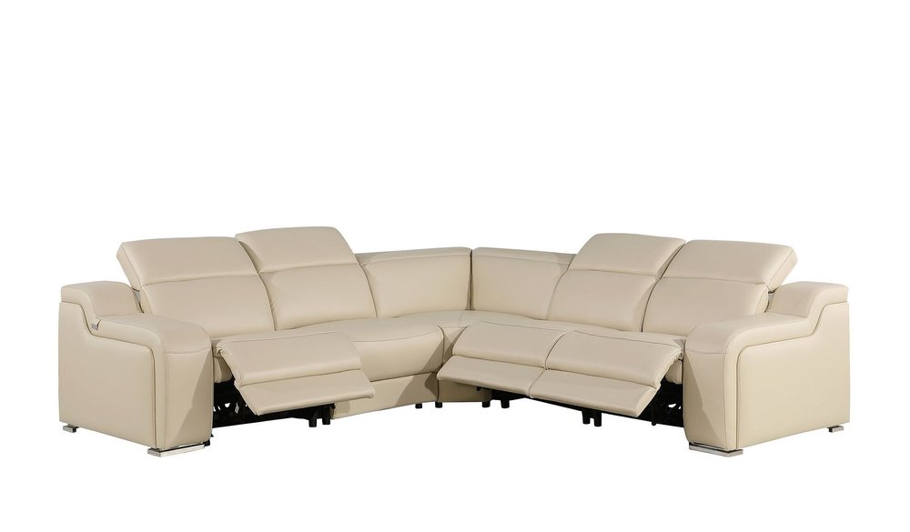 Beige Italian Leather Power Reclining L Shaped Five Piece Corner Sectional
