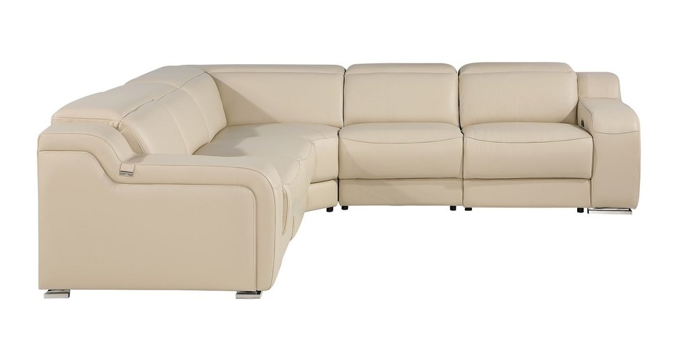 Beige Italian Leather Power Reclining L Shaped Five Piece Corner Sectional
