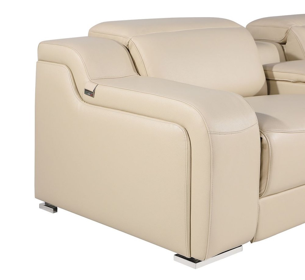 Beige Italian Leather Power Reclining L Shaped Five Piece Corner Sectional