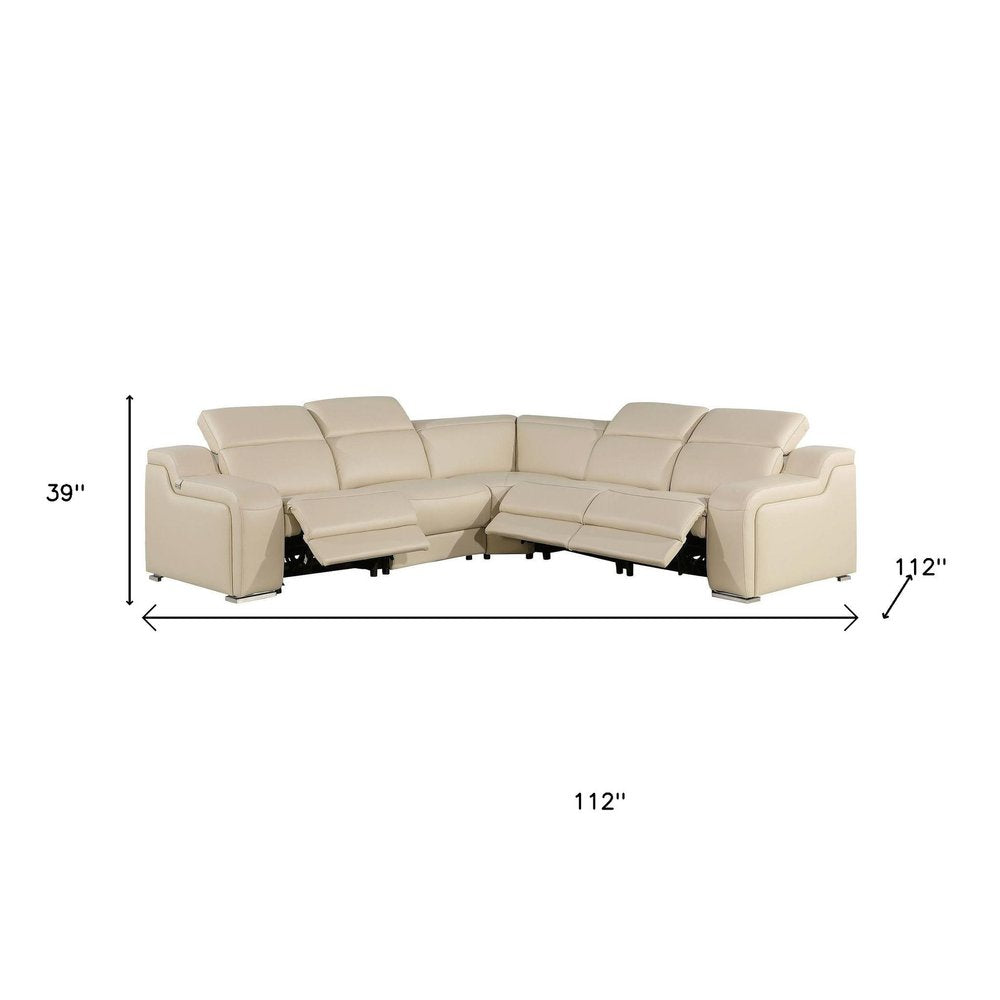 Beige Italian Leather Power Reclining L Shaped Five Piece Corner Sectional