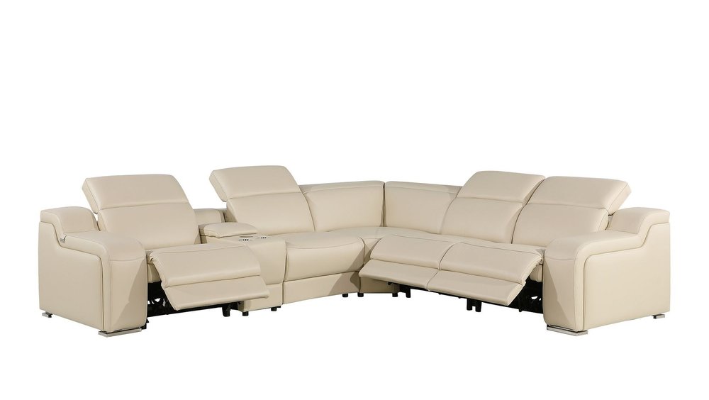 Beige Italian Leather Power Reclining L Shaped Six Piece Corner Sectional With Console
