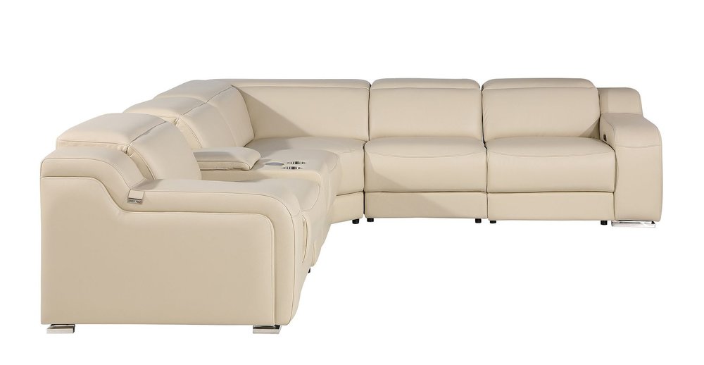 Beige Italian Leather Power Reclining L Shaped Six Piece Corner Sectional With Console