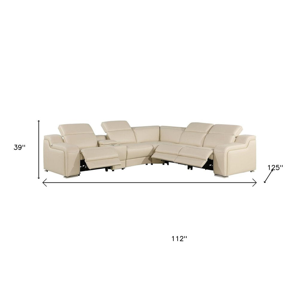 Beige Italian Leather Power Reclining L Shaped Six Piece Corner Sectional With Console