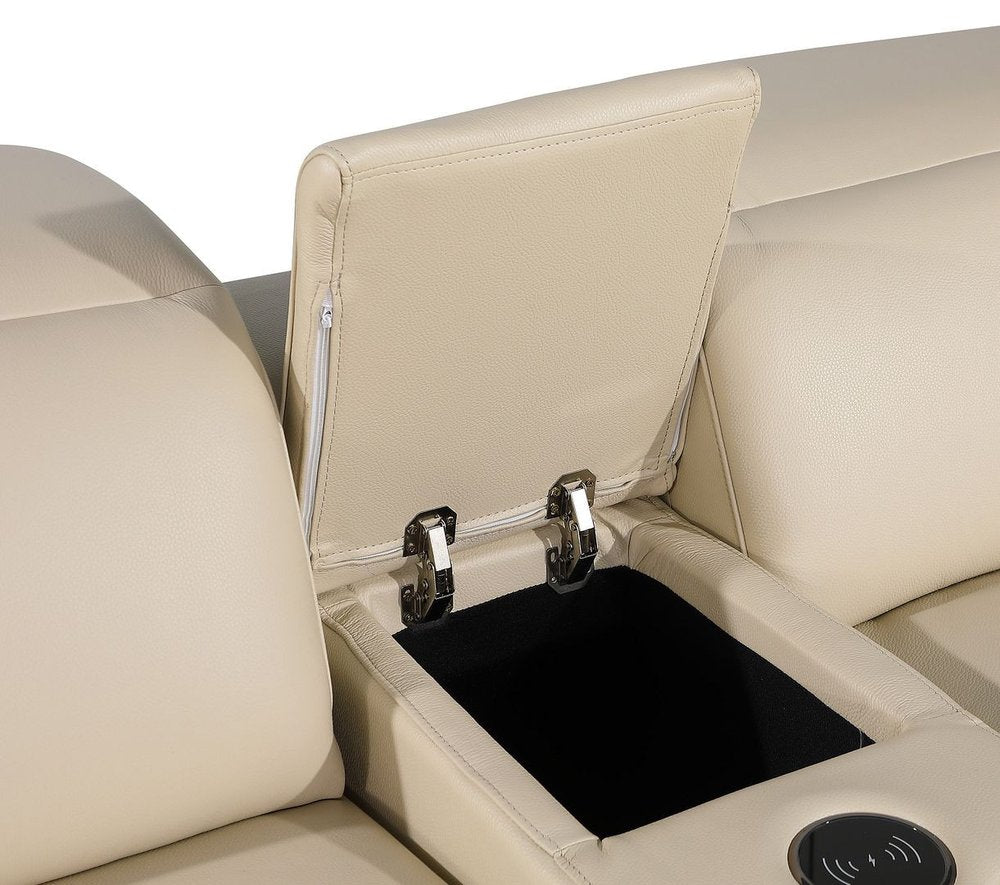 Beige Italian Leather Power Reclining L Shaped Six Piece Corner Sectional With Console