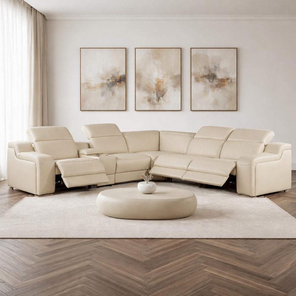 Beige Italian Leather Power Reclining L Shaped Six Piece Corner Sectional With Console