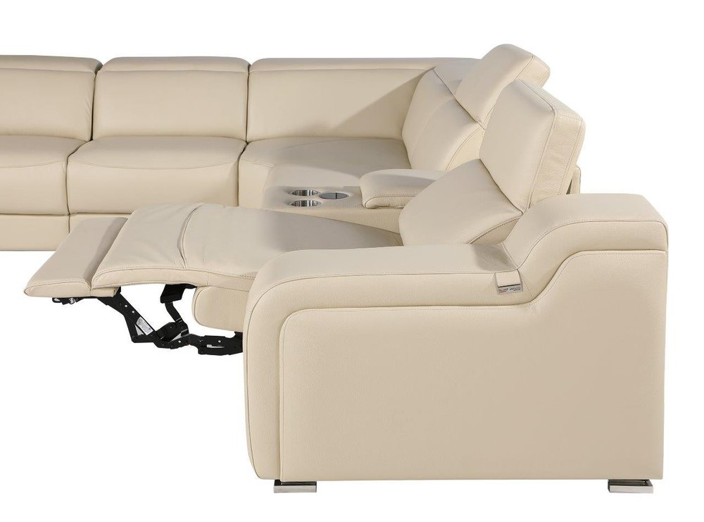 Beige Italian Leather Power Reclining L Shaped Seven Piece Corner Sectional With Console